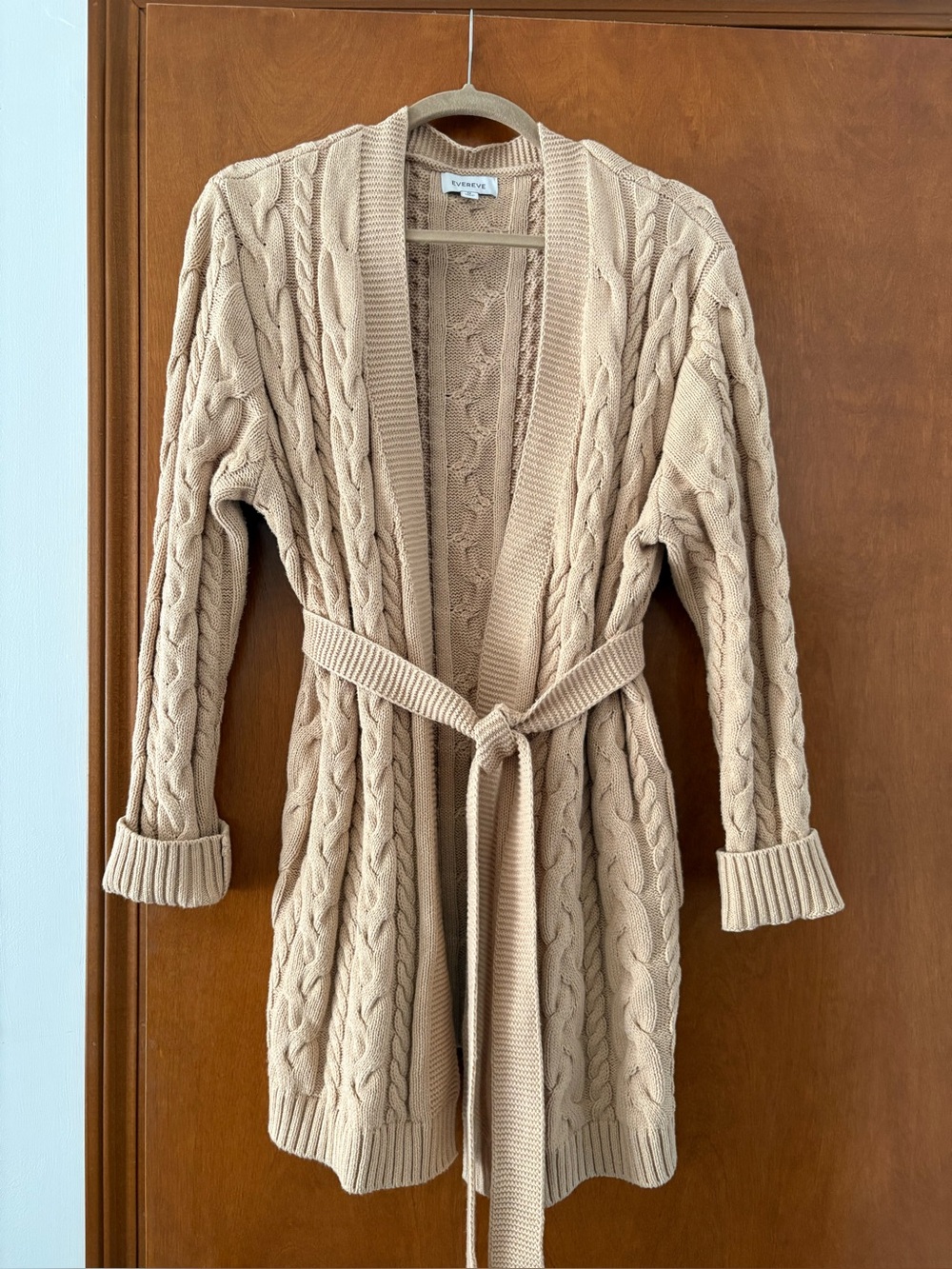 Evereve Beige Cable-Knit Belted Cardigan